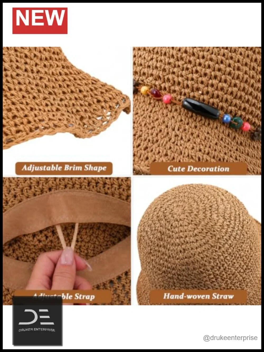 Handmade Straw Wide Brim Sun Hat with Decorative Chain, Packable